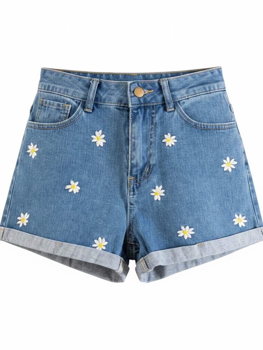 High-Waist Daisy Embroidered Denim Shorts - Blue